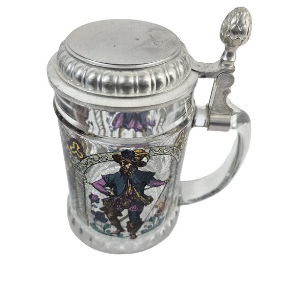 Vtg BMFN Three Musketeers Painted Glass Pewter Lidded Beer Stein 7" W. Germany - Picture 1 of 16